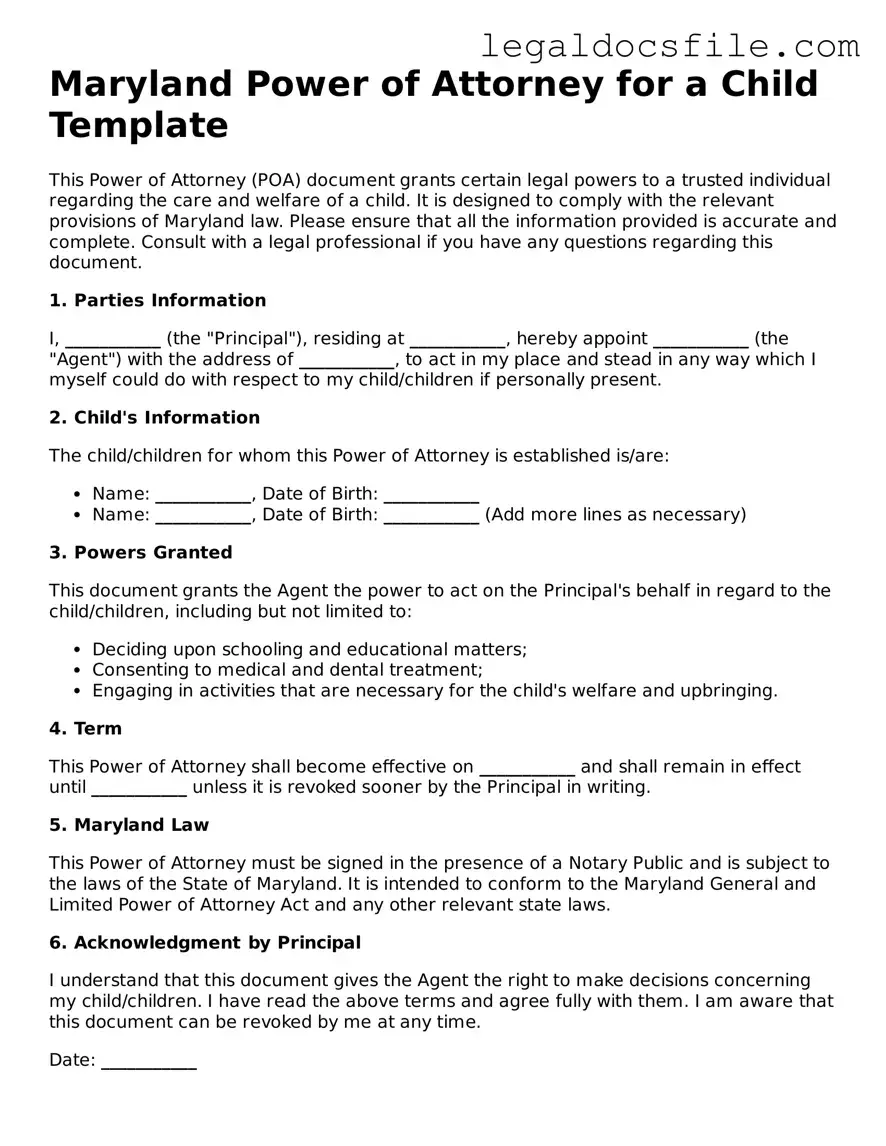 Valid Power of Attorney for a Child Template for the State of Maryland