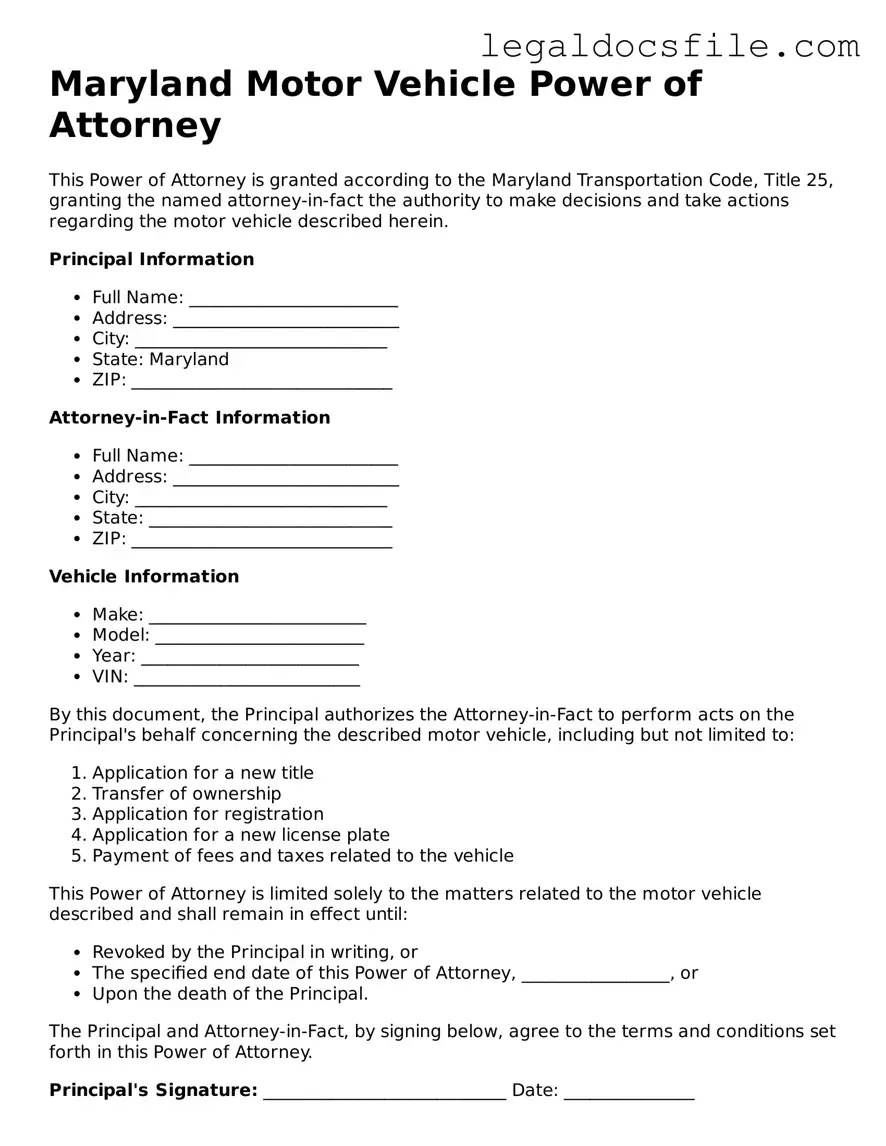 Valid Motor Vehicle Power of Attorney Template for the State of Maryland