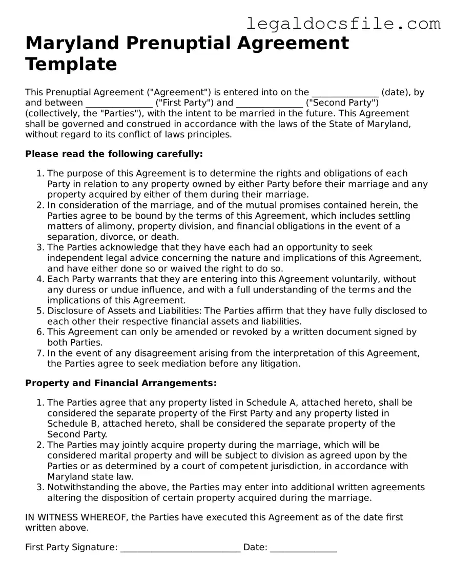 Valid Prenuptial Agreement Template for the State of Maryland