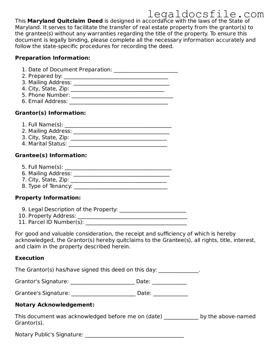 Valid Quitclaim Deed Template for the State of Maryland