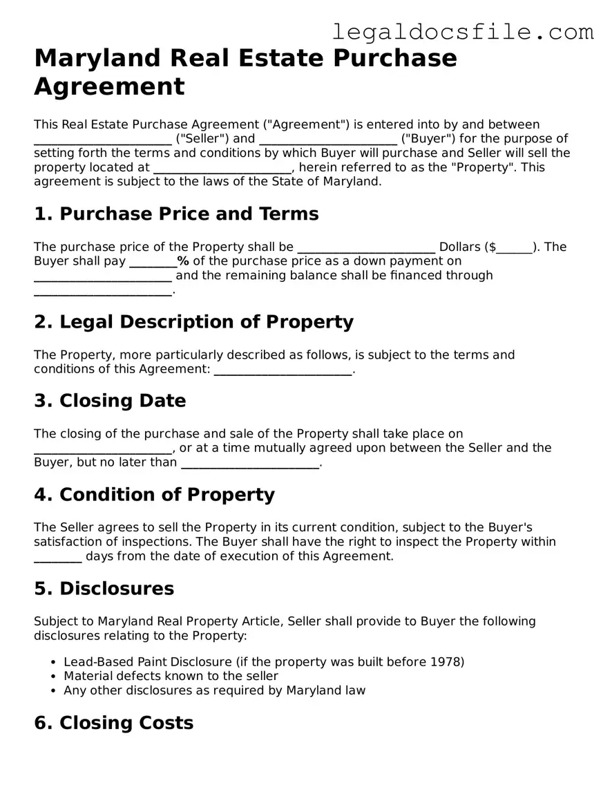 Valid Real Estate Purchase Agreement Template for the State of Maryland
