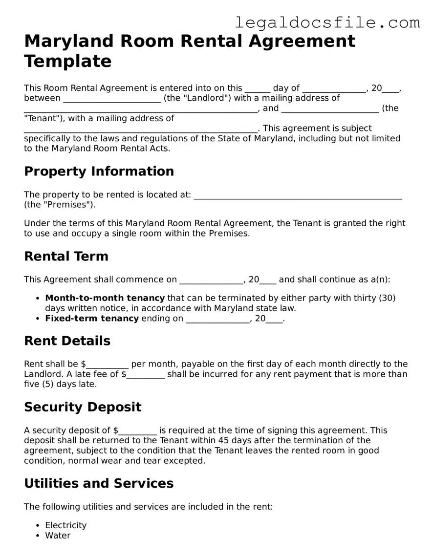 Valid Room Rental Agreement Template for the State of Maryland