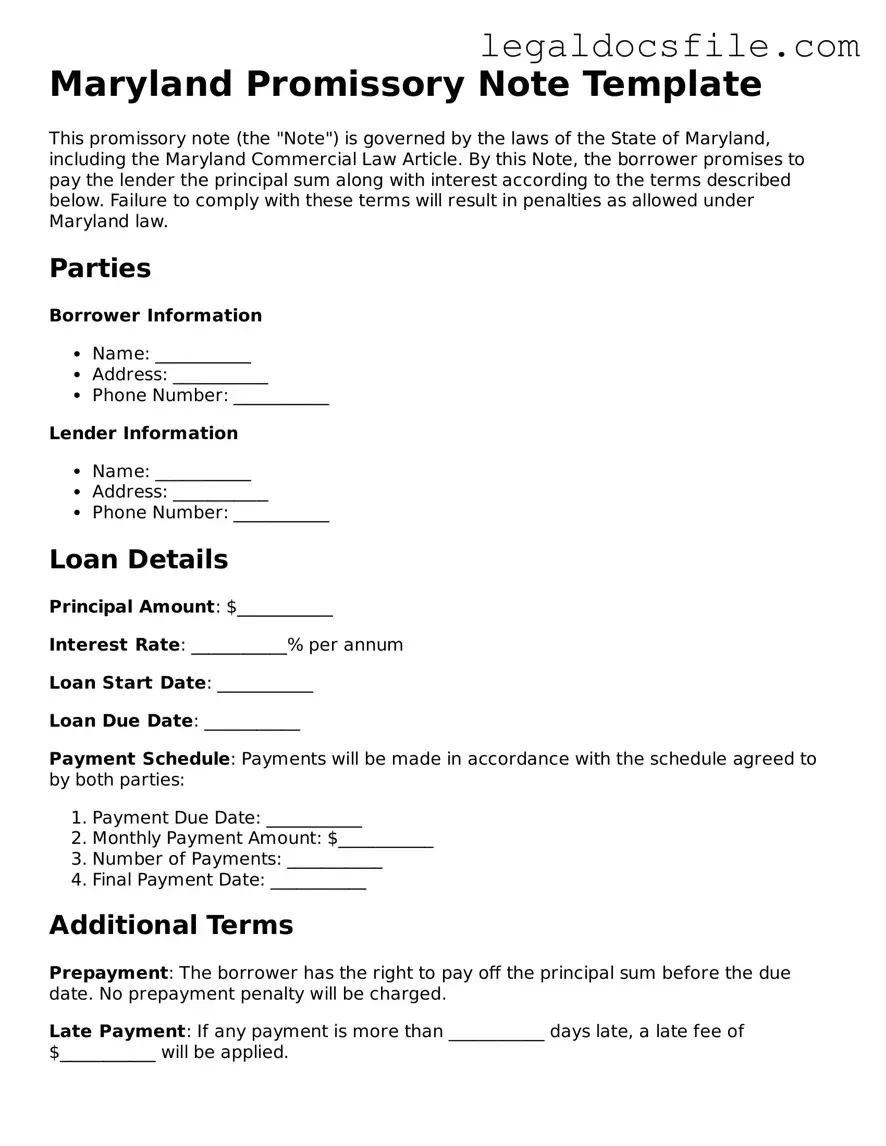 Valid Promissory Note Template for the State of Maryland