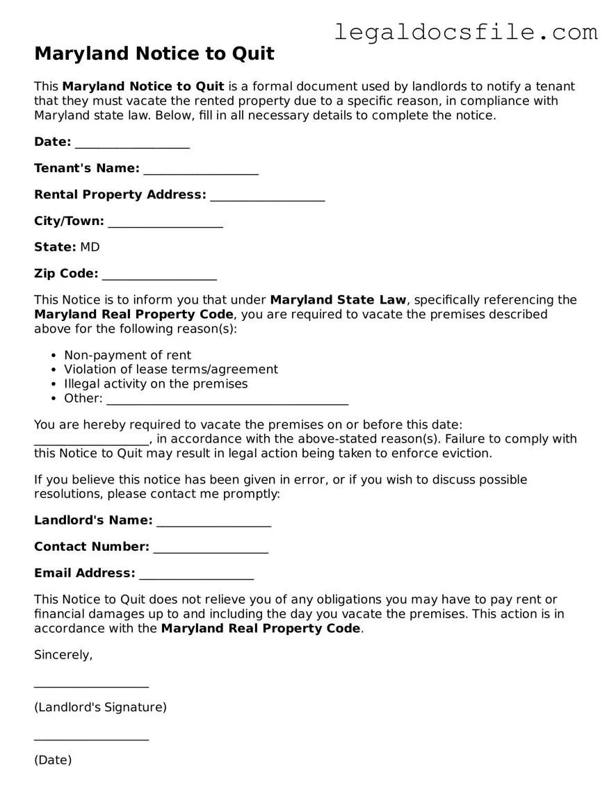 Valid Notice to Quit Template for the State of Maryland