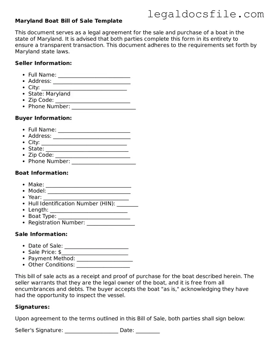 Valid Boat Bill of Sale Template for the State of Maryland