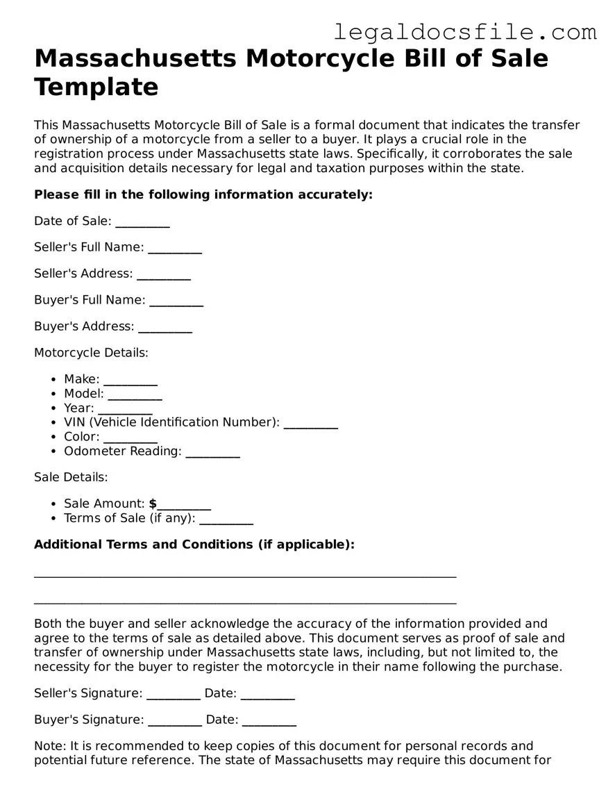 Valid Motorcycle Bill of Sale Template for the State of Massachusetts