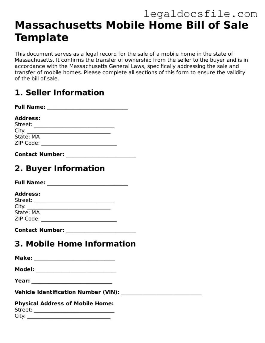 Valid Mobile Home Bill of Sale Template for the State of Massachusetts