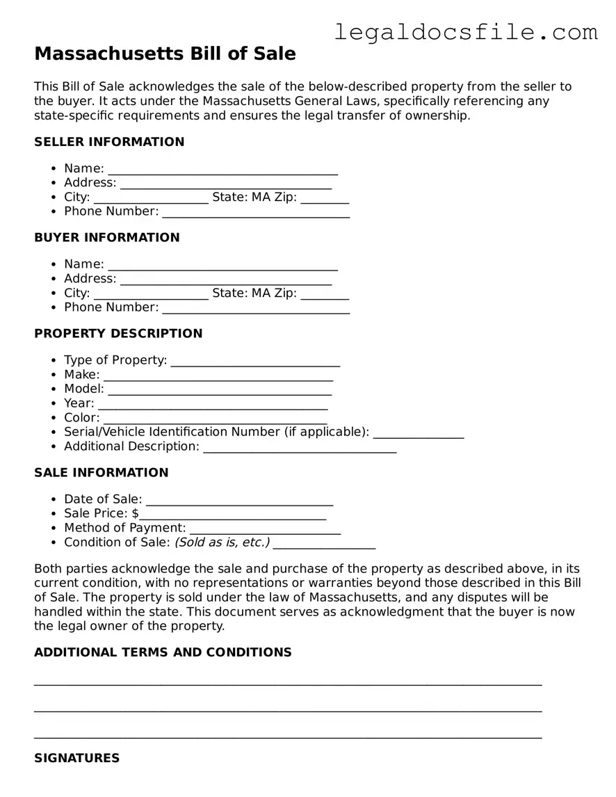 Valid Bill of Sale Template for the State of Massachusetts