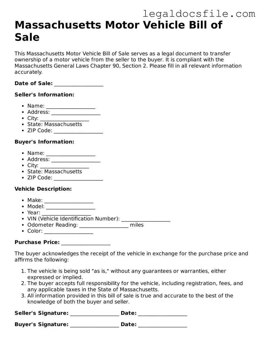 Valid Motor Vehicle Bill of Sale Template for the State of Massachusetts