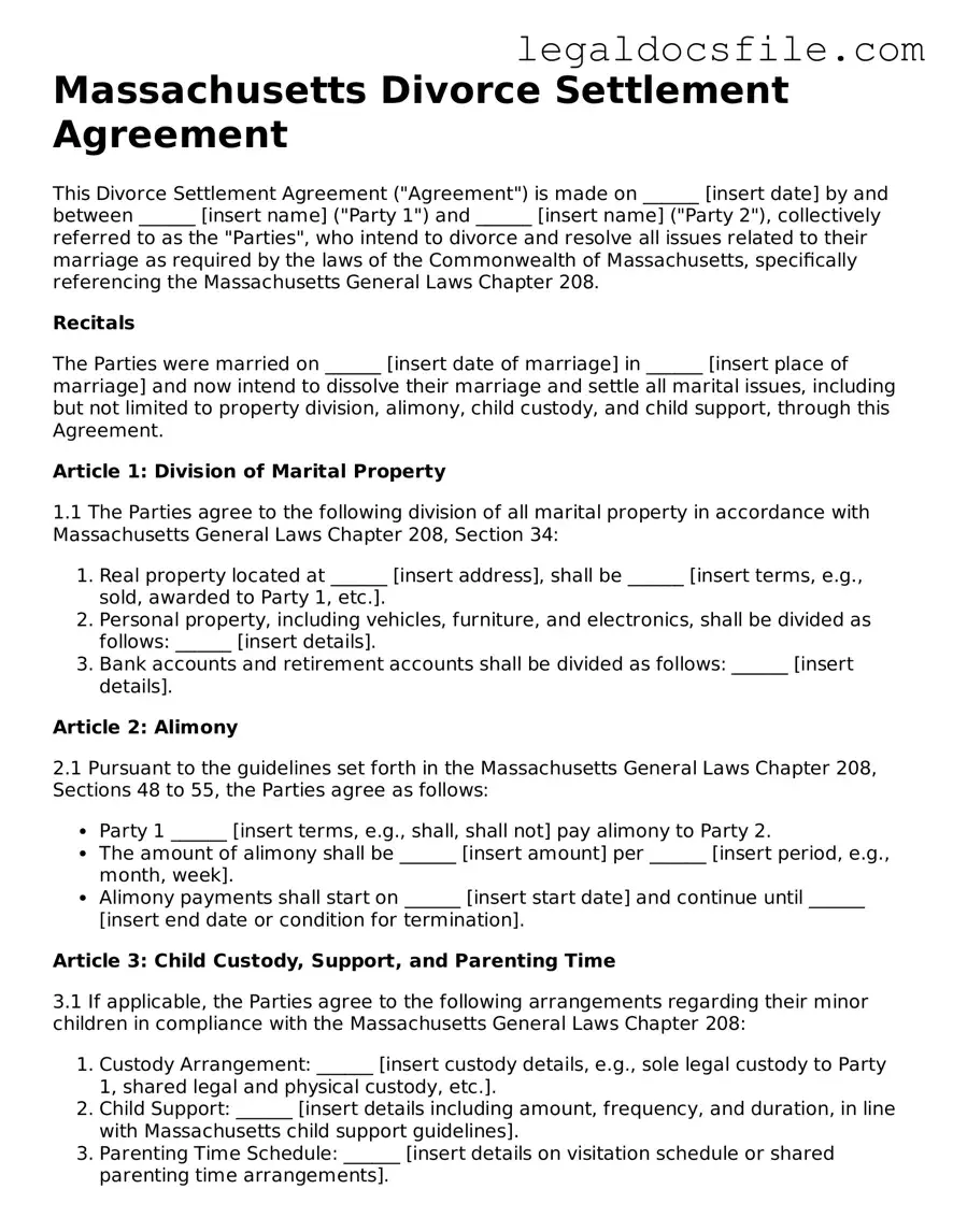 Valid Divorce Settlement Agreement Template for the State of Massachusetts