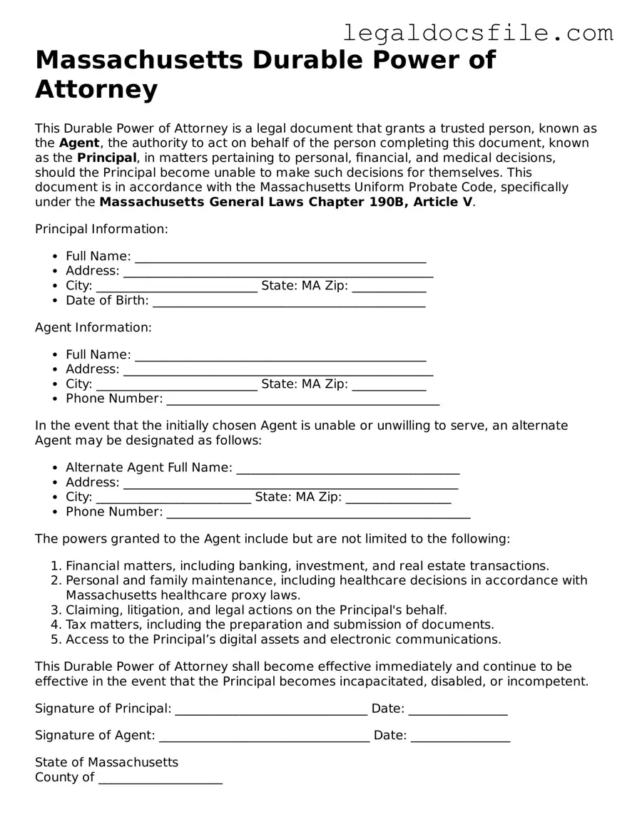 Valid Durable Power of Attorney Template for the State of Massachusetts