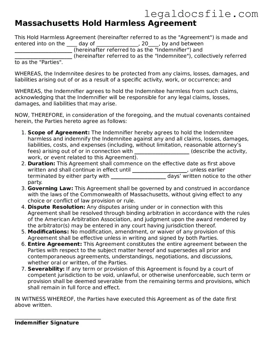 Valid Hold Harmless Agreement Template for the State of Massachusetts