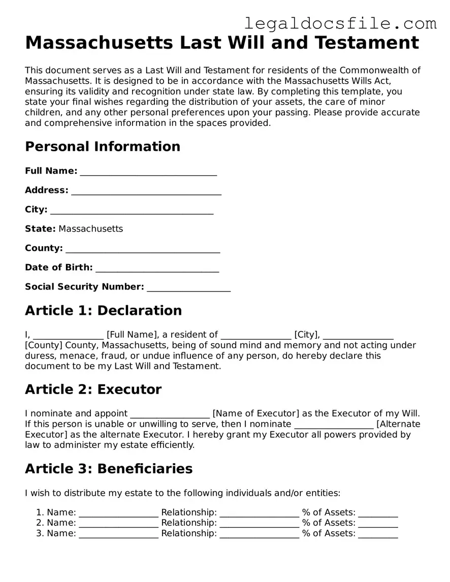 Valid Last Will and Testament Template for the State of Massachusetts