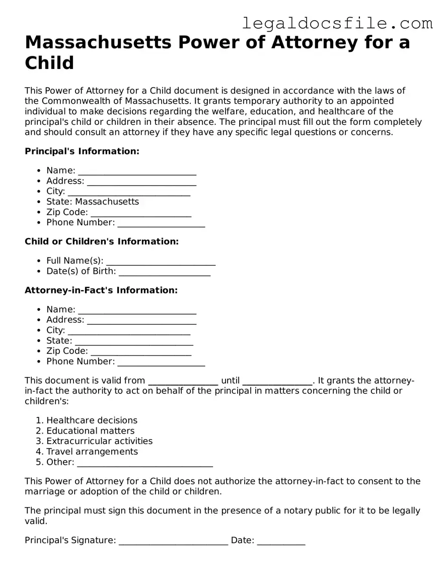 Valid Power of Attorney for a Child Template for the State of Massachusetts