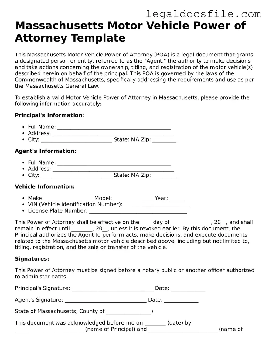 Valid Motor Vehicle Power of Attorney Template for the State of Massachusetts