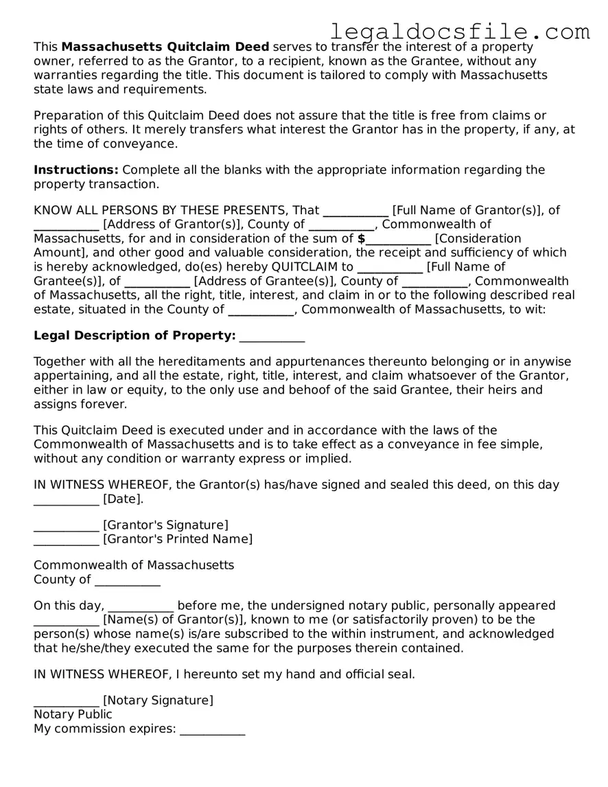 Valid Quitclaim Deed Template for the State of Massachusetts