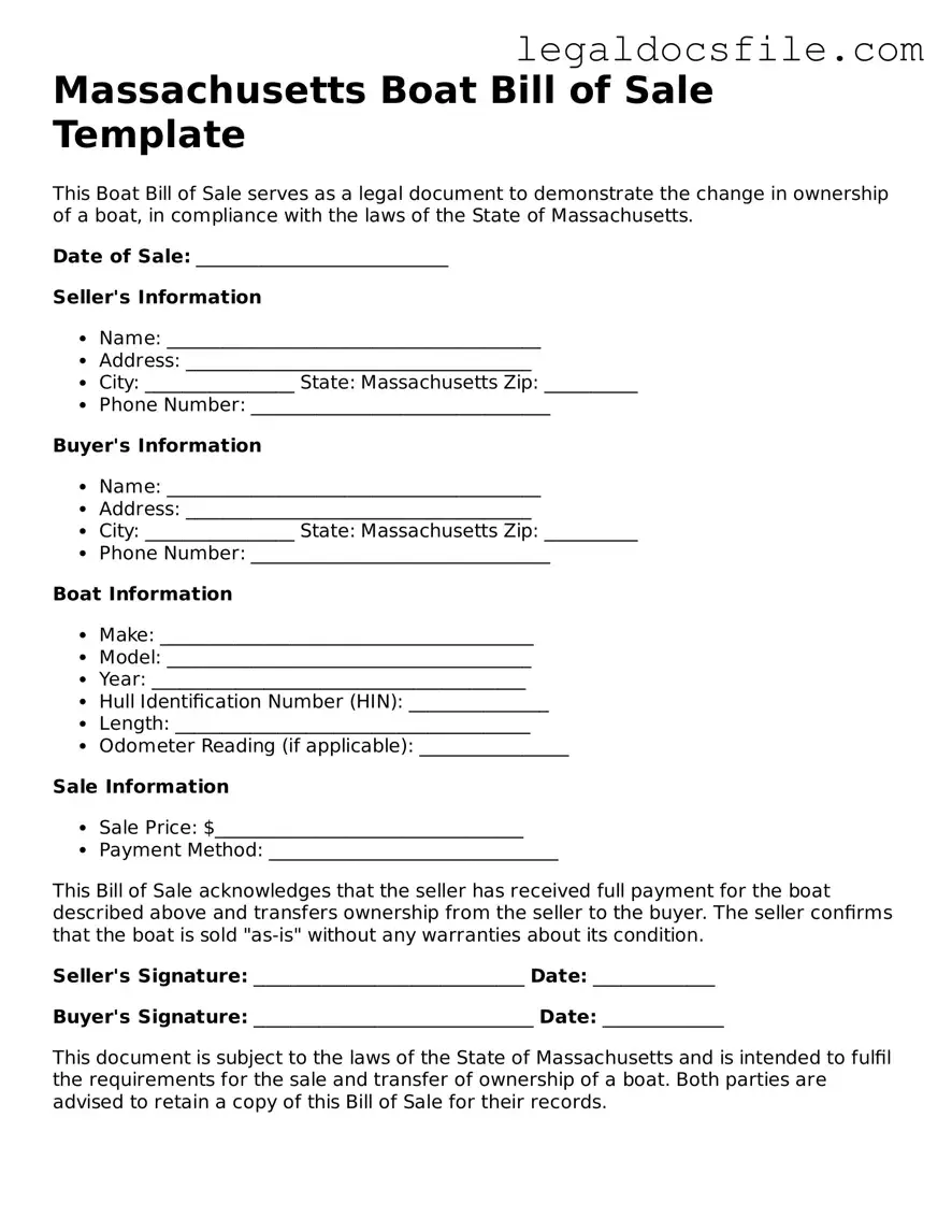 Valid Boat Bill of Sale Template for the State of Massachusetts
