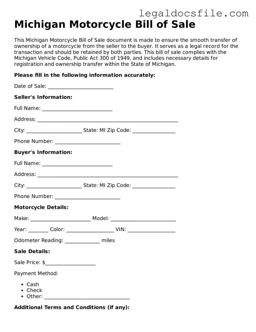 Valid Motorcycle Bill of Sale Template for the State of Michigan