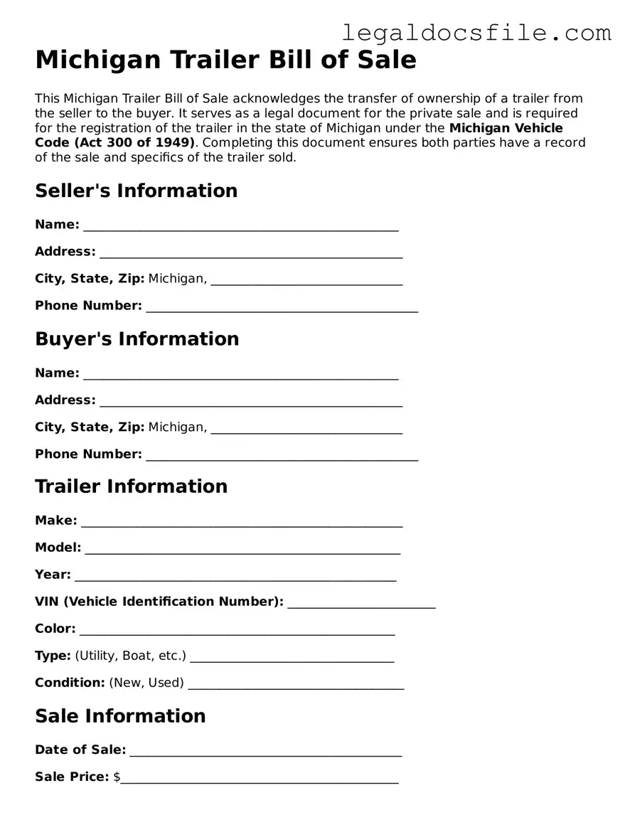 Valid Trailer Bill of Sale Template for the State of Michigan