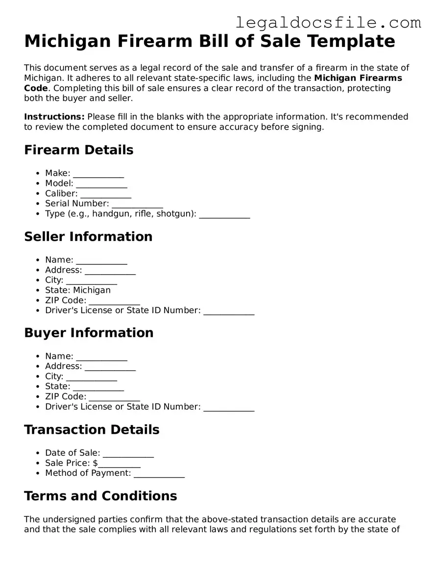 Valid Firearm Bill of Sale Template for the State of Michigan