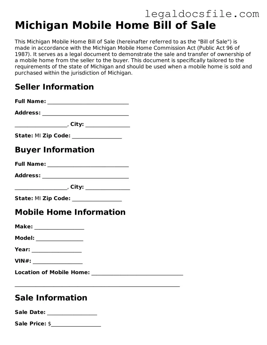 Valid Mobile Home Bill of Sale Template for the State of Michigan