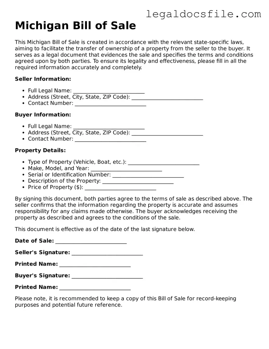 Valid Bill of Sale Template for the State of Michigan