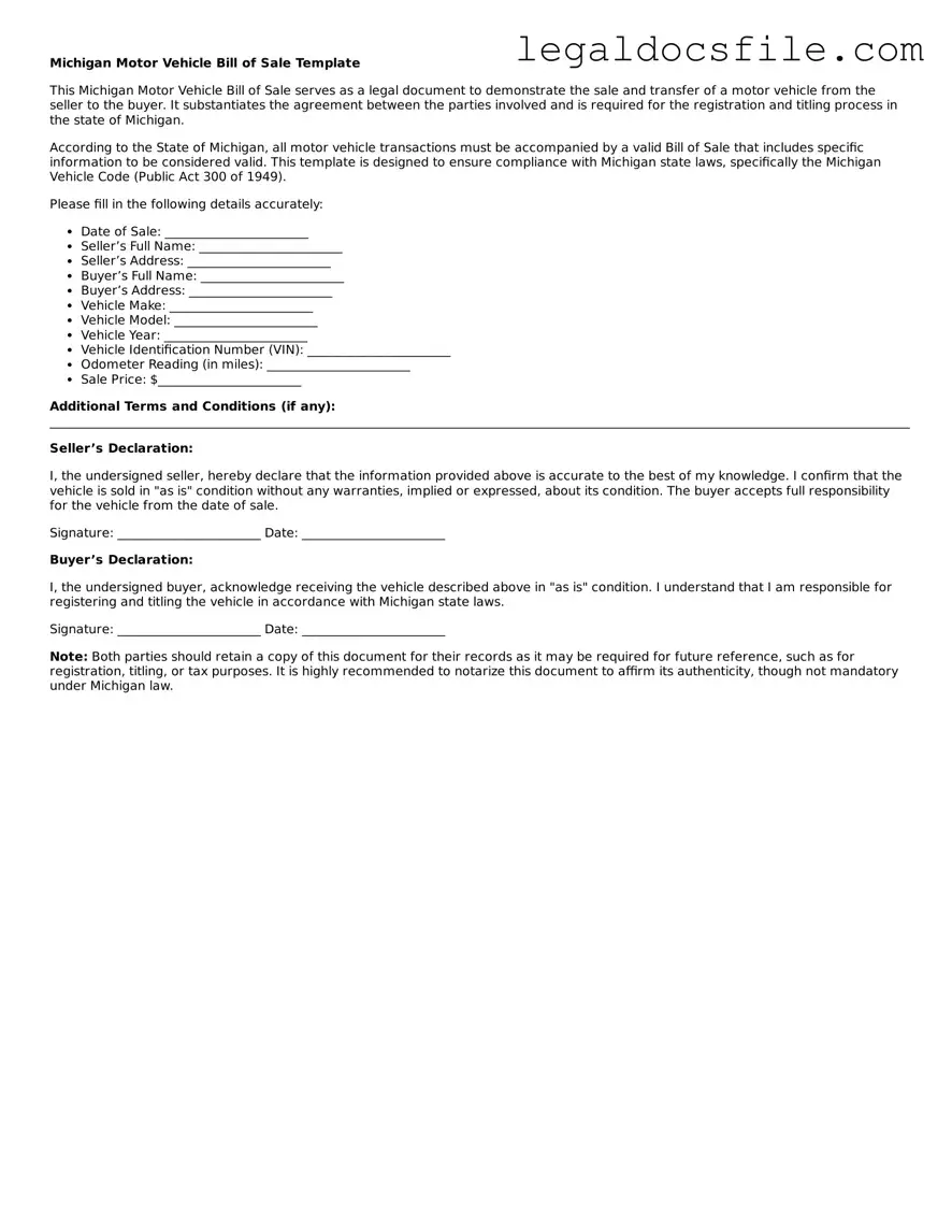 Valid Motor Vehicle Bill of Sale Template for the State of Michigan