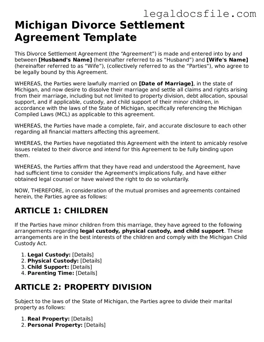 Valid Divorce Settlement Agreement Template for the State of Michigan