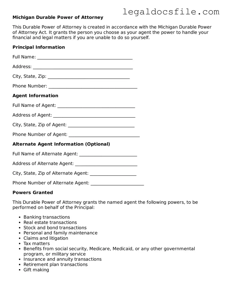 Valid Durable Power of Attorney Template for the State of Michigan