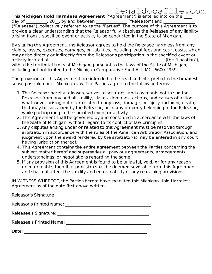 Valid Hold Harmless Agreement Template for the State of Michigan