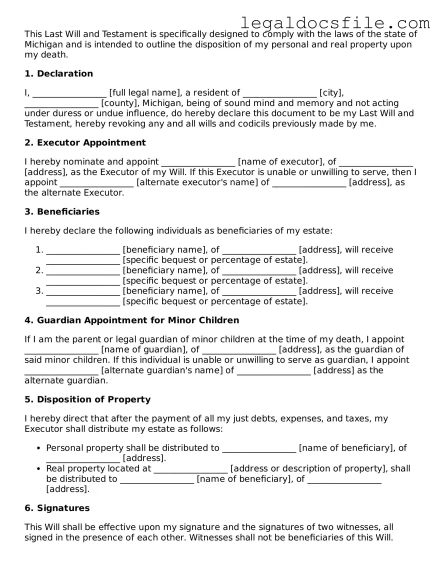Valid Last Will and Testament Template for the State of Michigan