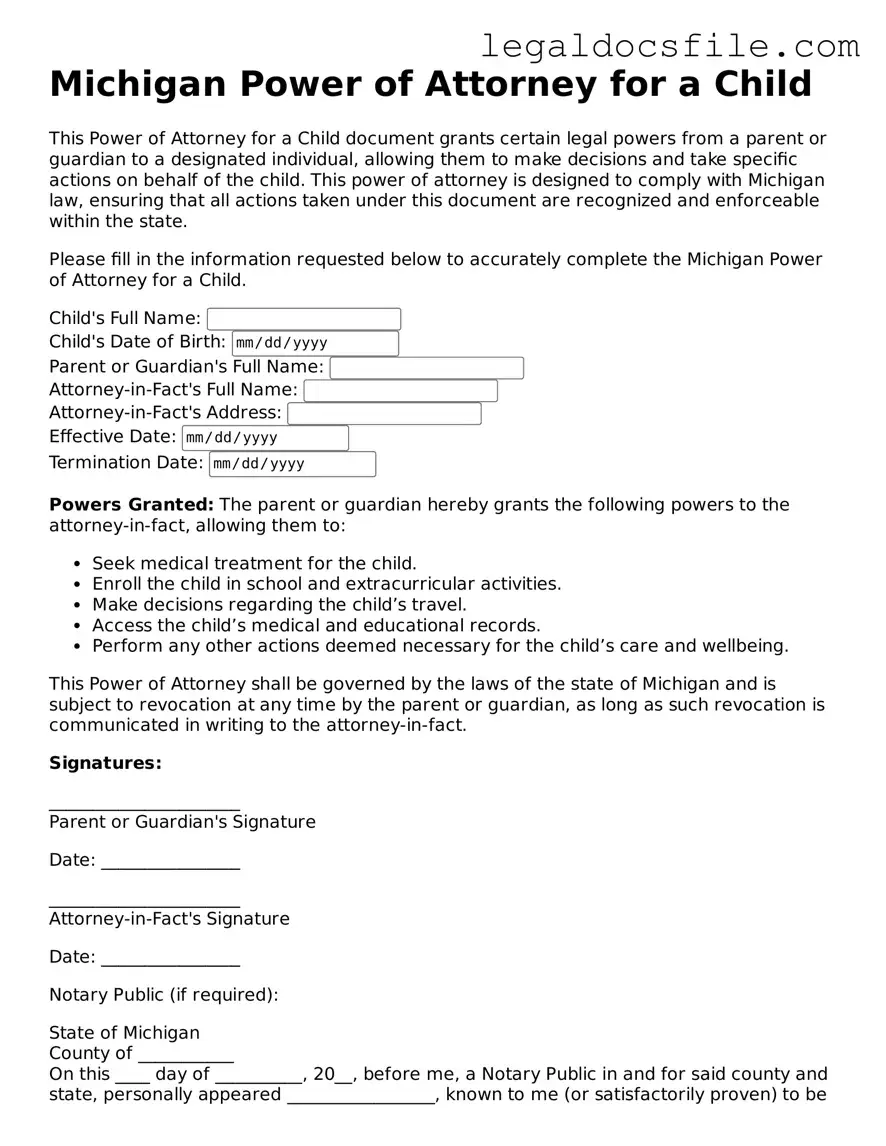 Valid Power of Attorney for a Child Template for the State of Michigan