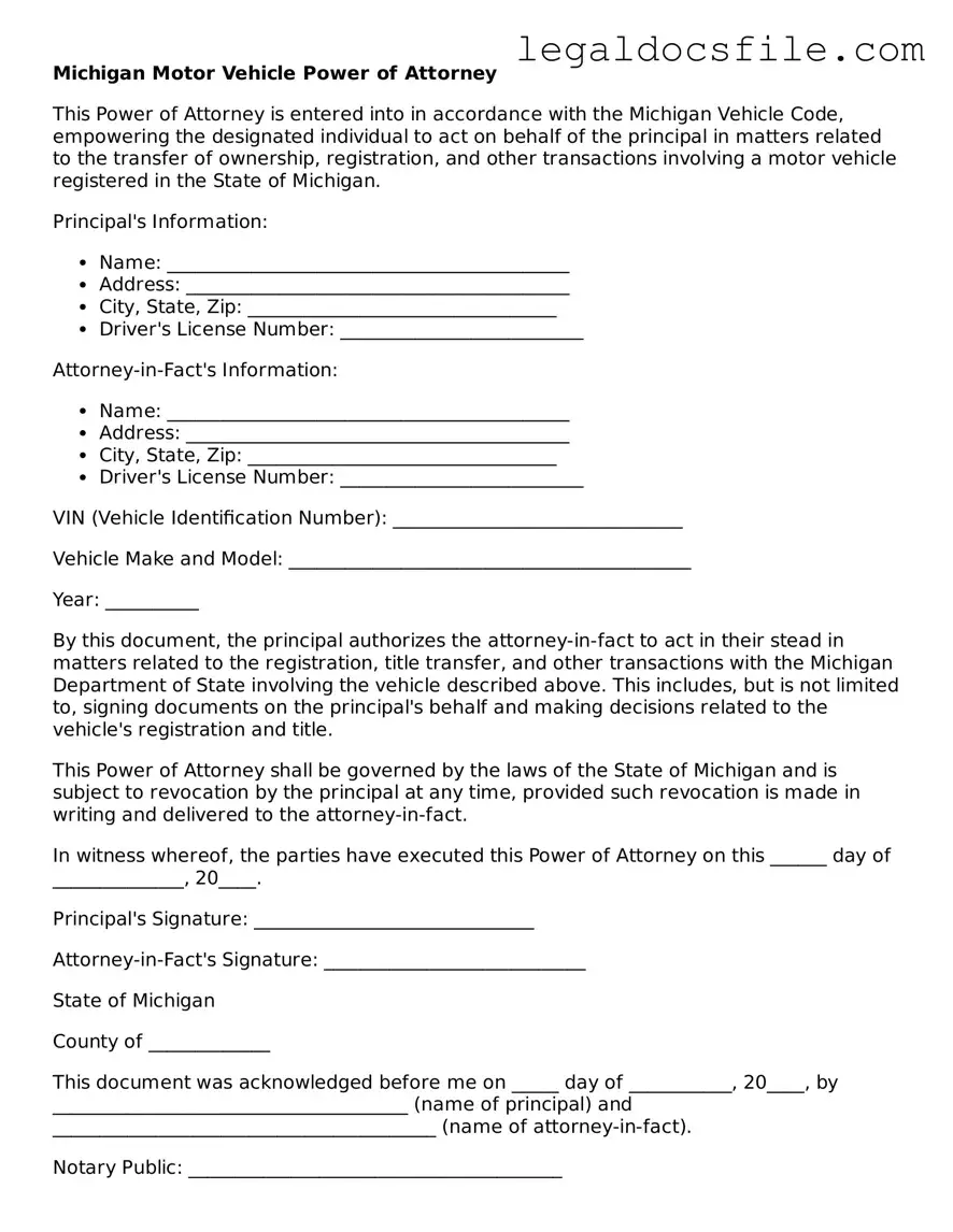 Valid Motor Vehicle Power of Attorney Template for the State of Michigan
