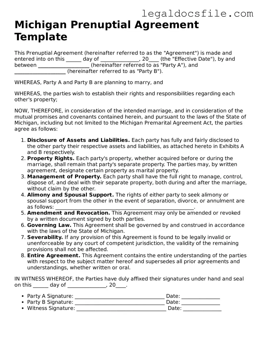 Valid Prenuptial Agreement Template for the State of Michigan