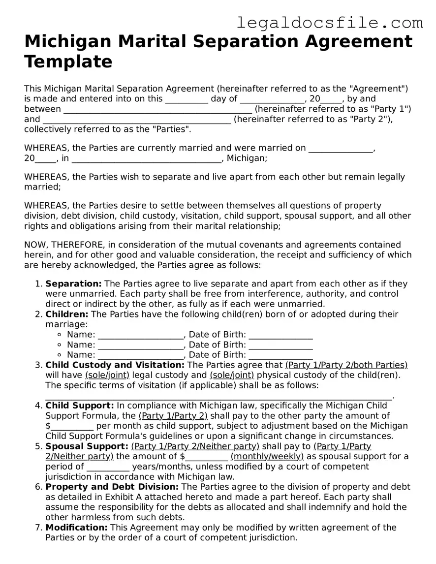 Valid Marital Separation Agreement Template for the State of Michigan