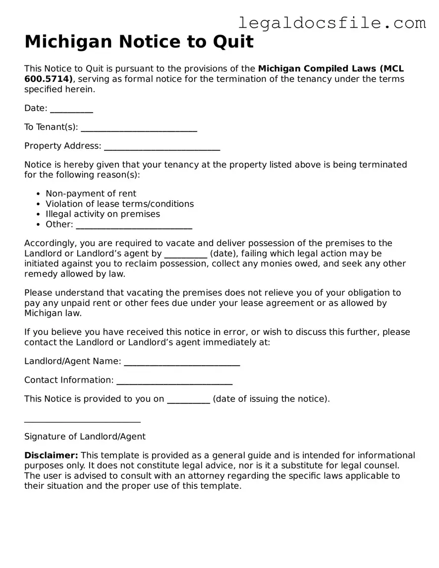 Valid Notice to Quit Template for the State of Michigan