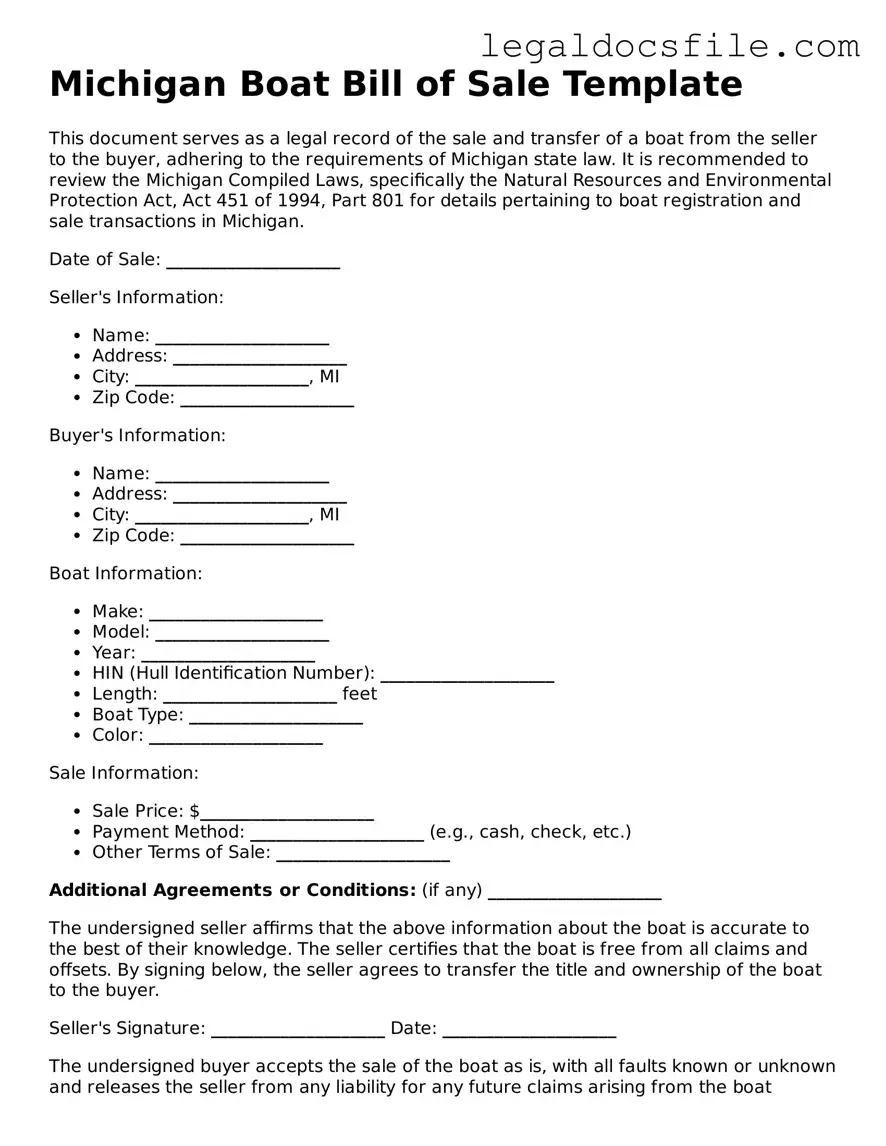 Valid Boat Bill of Sale Template for the State of Michigan