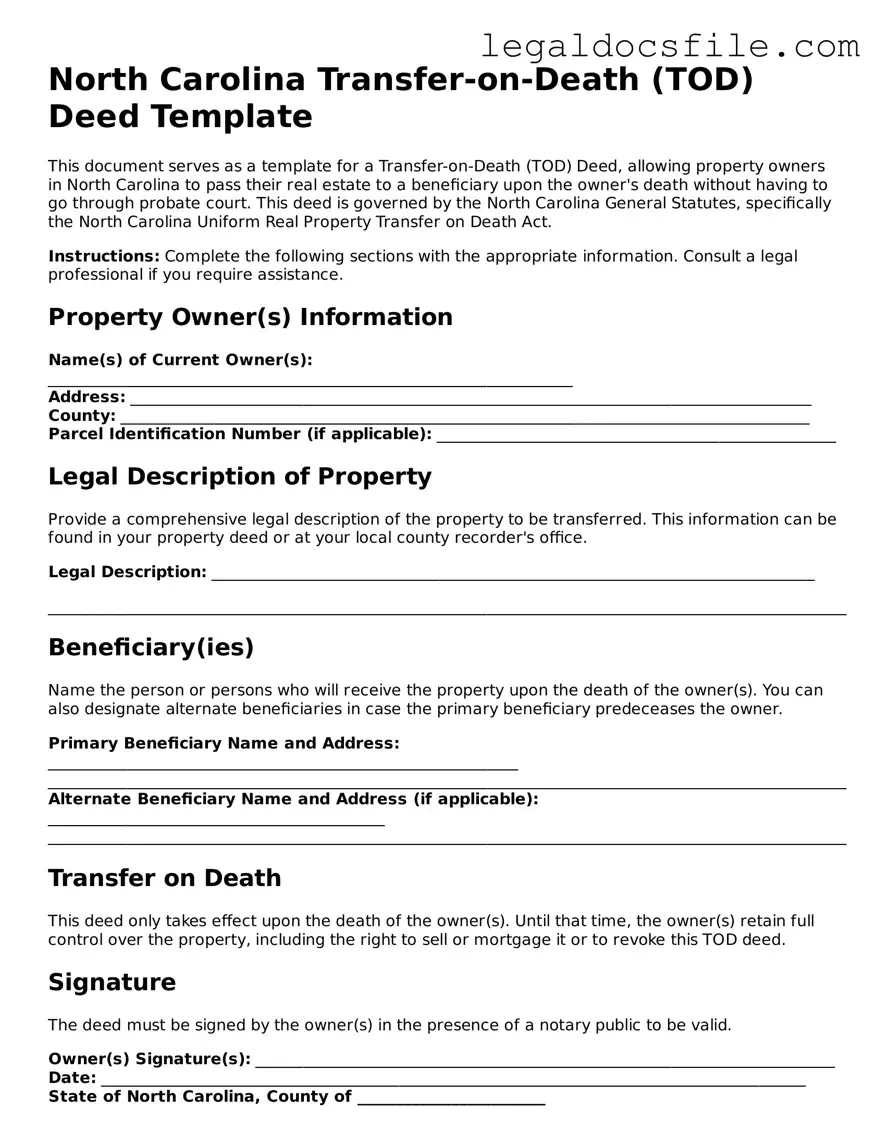 Valid Transfer-on-Death Deed Template for the State of North Carolina