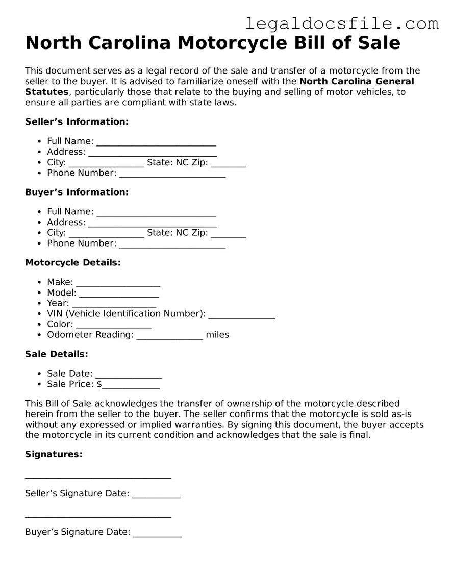 Valid Motorcycle Bill of Sale Template for the State of North Carolina