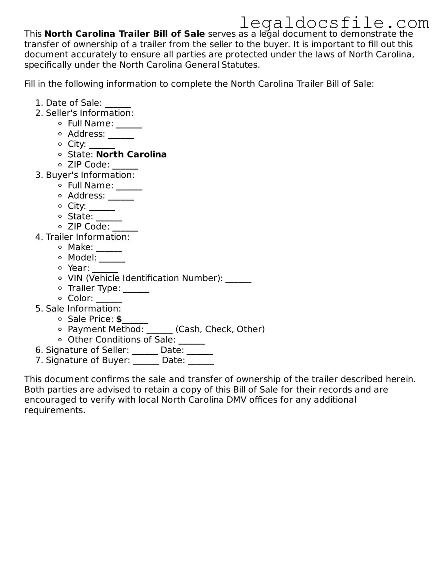 Valid Trailer Bill of Sale Template for the State of North Carolina