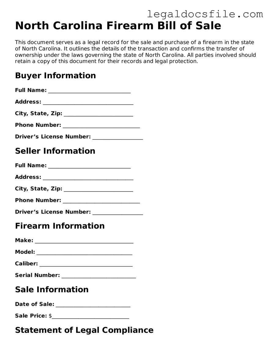 Valid Firearm Bill of Sale Template for the State of North Carolina