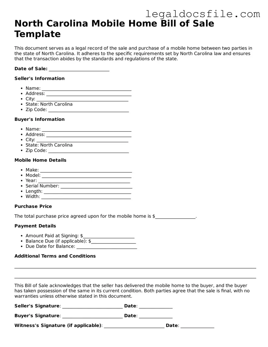 Valid Mobile Home Bill of Sale Template for the State of North Carolina