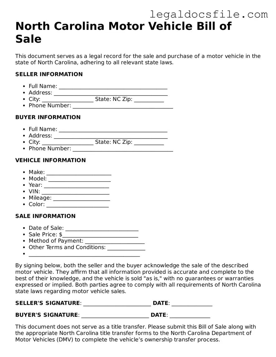 Valid Motor Vehicle Bill of Sale Template for the State of North Carolina