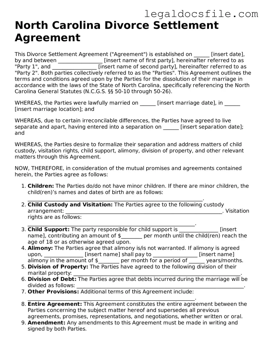 Valid Divorce Settlement Agreement Template for the State of North Carolina