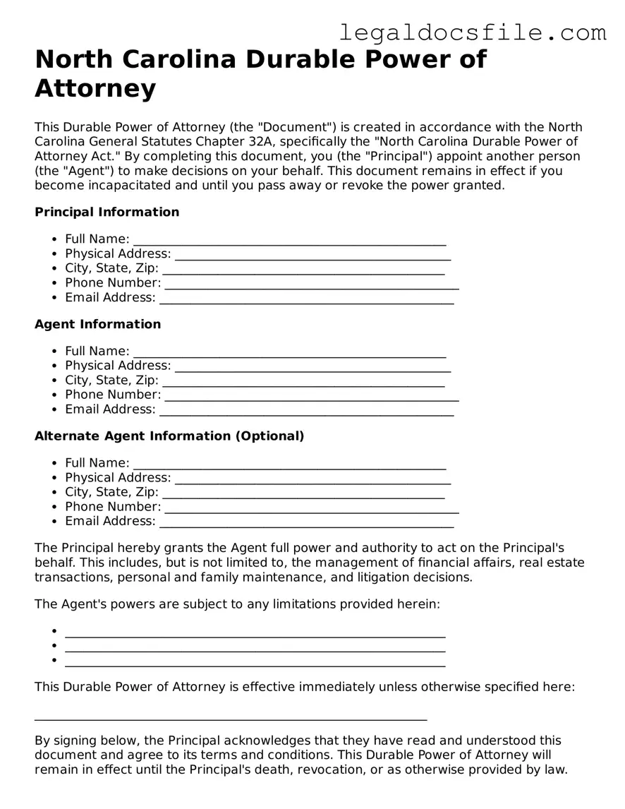 Valid Durable Power of Attorney Template for the State of North Carolina
