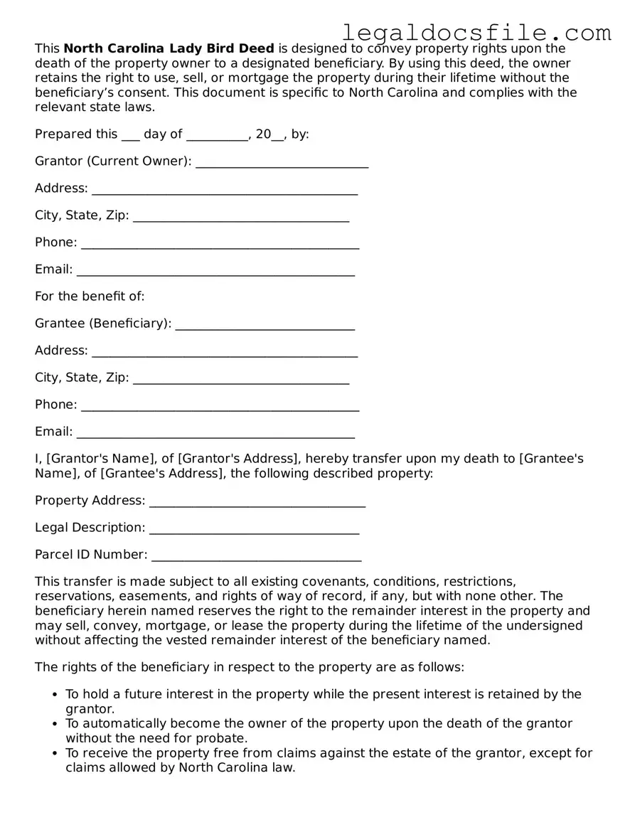 Valid Lady Bird Deed Template for the State of North Carolina