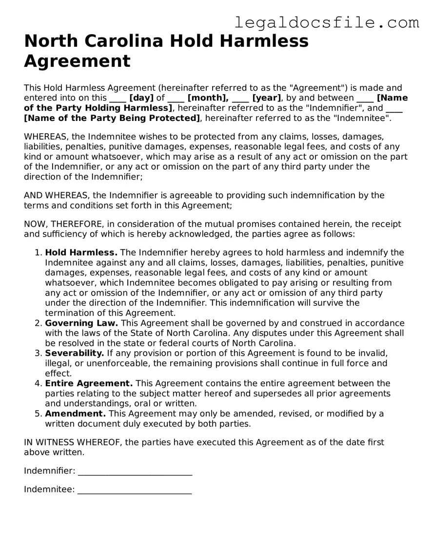 Valid Hold Harmless Agreement Template for the State of North Carolina