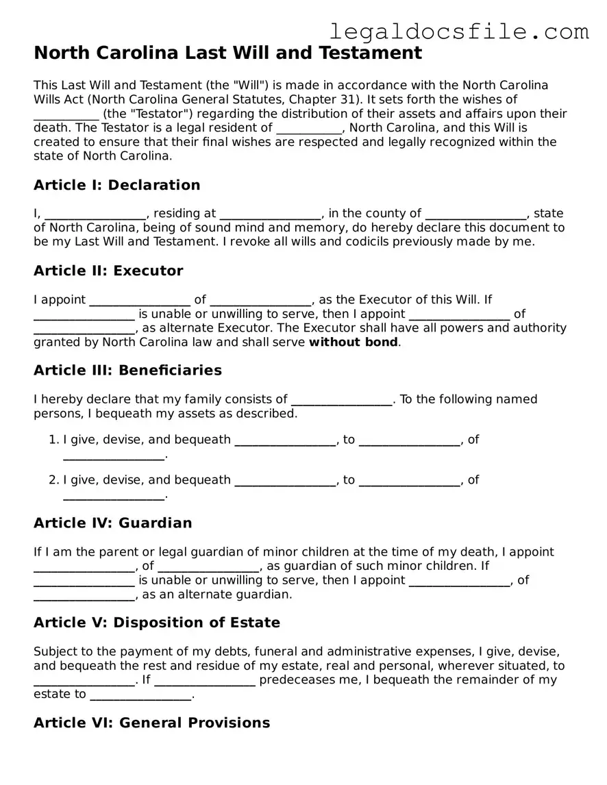 Valid Last Will and Testament Template for the State of North Carolina