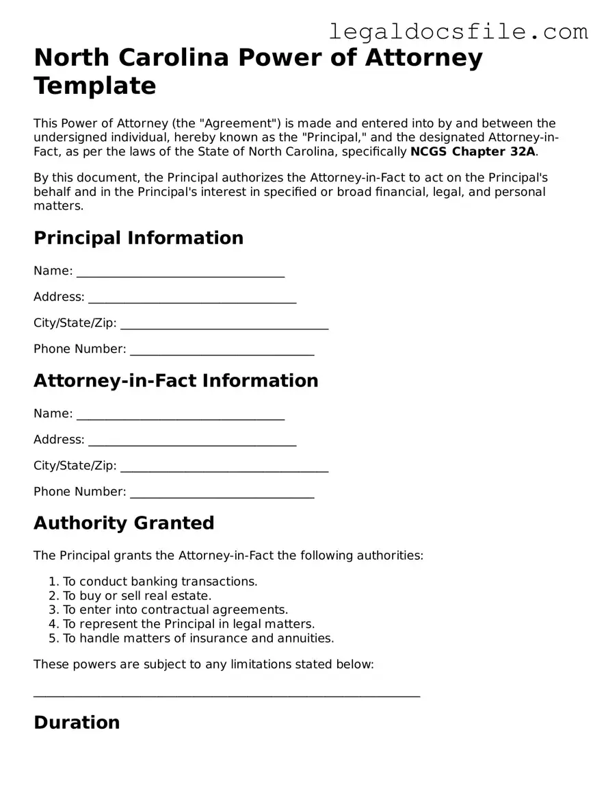 Valid Power of Attorney Template for the State of North Carolina