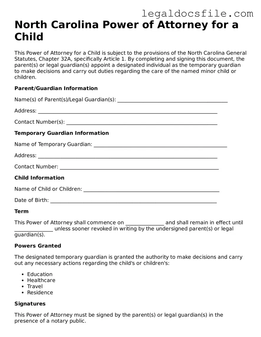 Valid Power of Attorney for a Child Template for the State of North Carolina